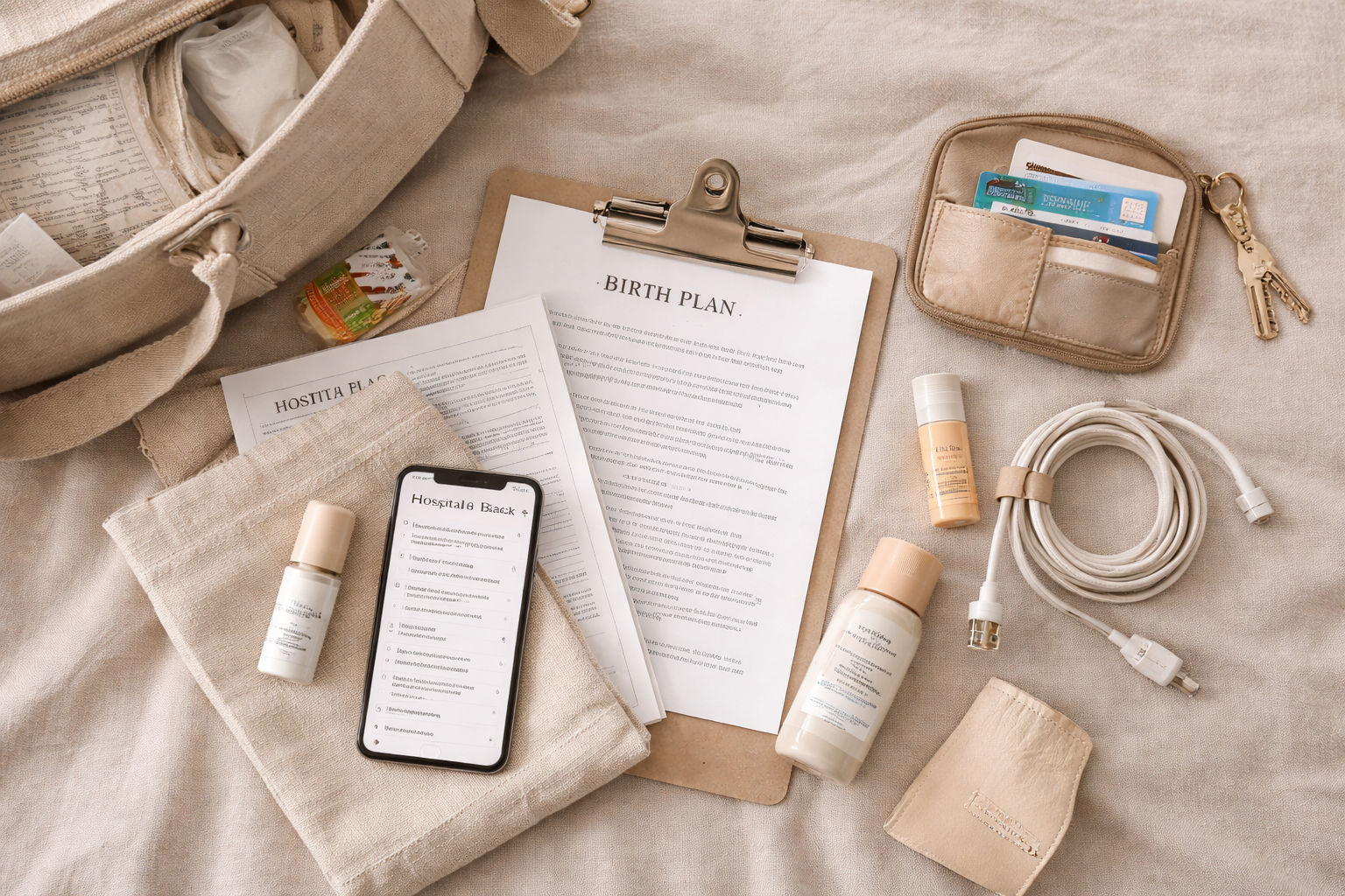 Documents and organized maternity bag essentials