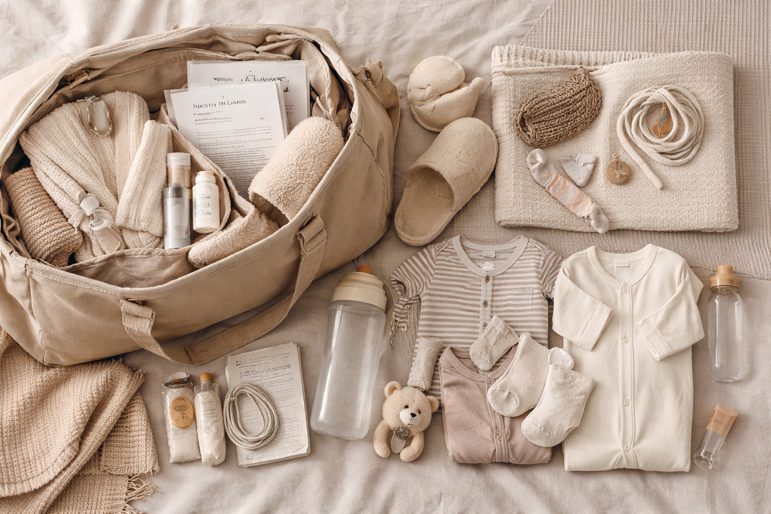 Packed hospital bag with essentials for labor, postpartum recovery, and baby